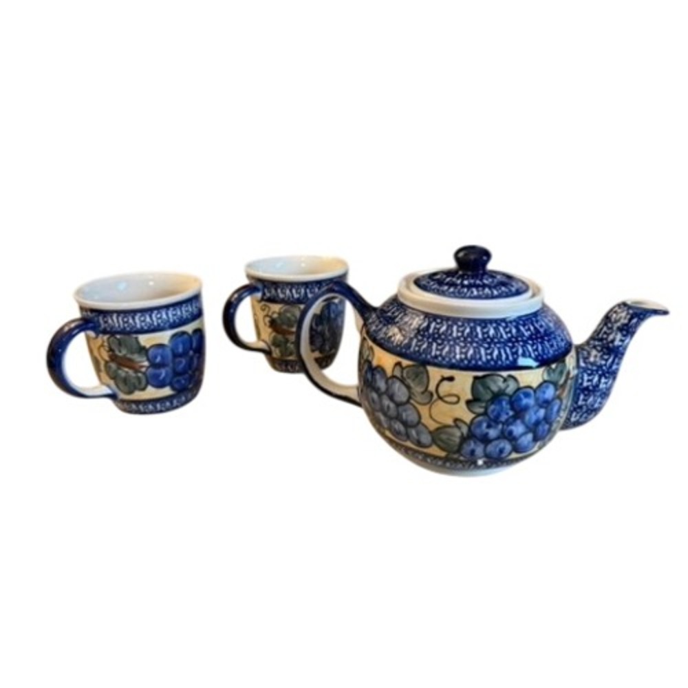 Boleslawiec Polish Pottery Tea Set 3pc Blue Grape Good Stoneware Folk Art Tea